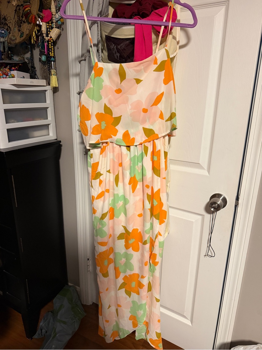 Floral Pink Spaghetti-Strap Maxi Dress with Orange & Mint Blooms